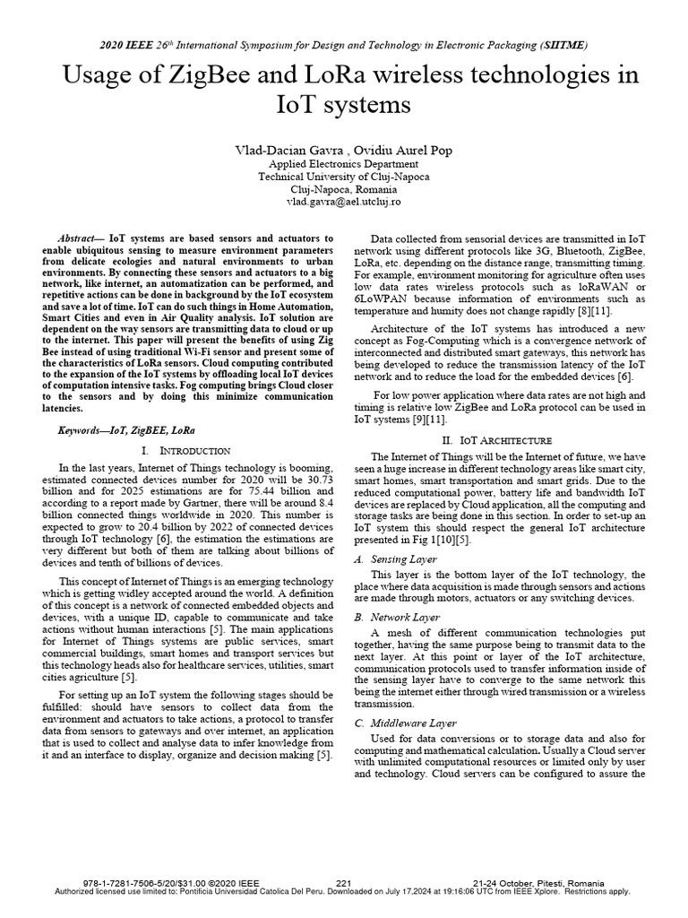 19 Usage of ZigBee and LoRa Wireless Technologies in IoT Systems | PDF ...