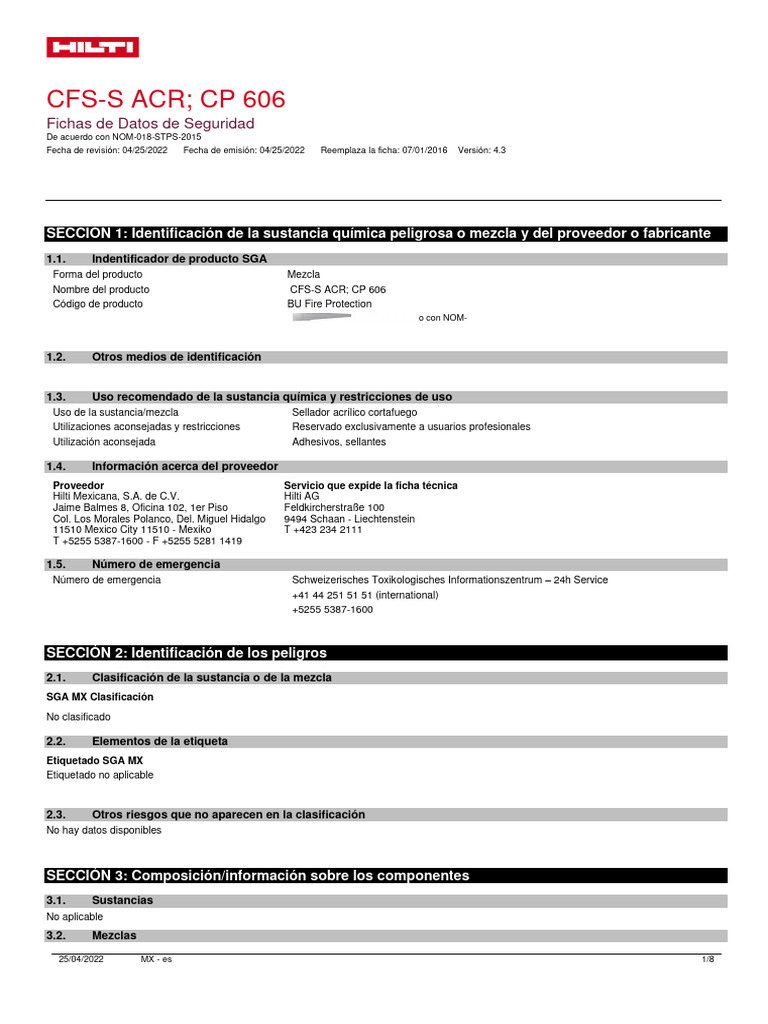 Ficha Seguridad: CFS-S ACR; CP 606 | PDF | Toxicidad | Primeros auxilios