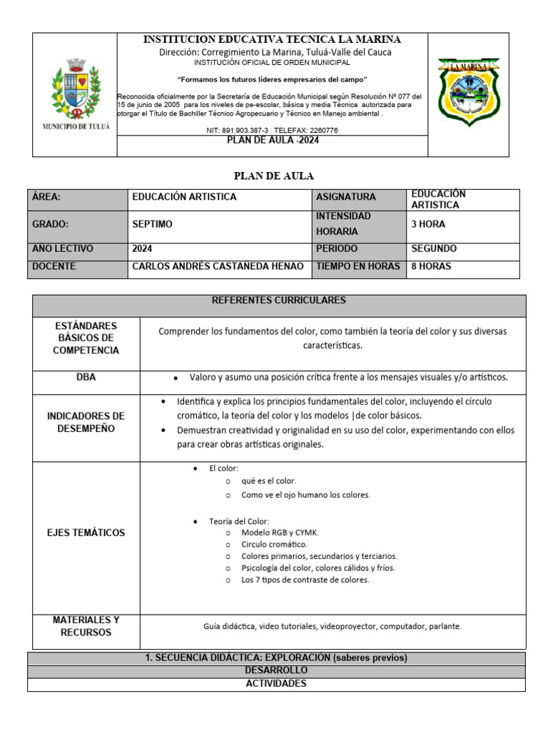 Plan de Aula Artistica 7 2P | PDF | Color | Cian