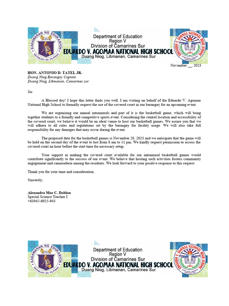 Letter To BRGY For Intrams - 105616 | PDF | Dances | Expert