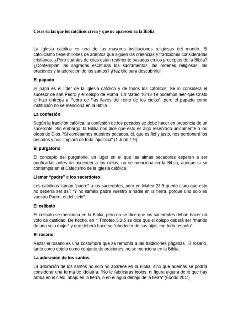 Cosas en Las Que Los Católicos Creen y Que No Aparecen en La Biblia ...