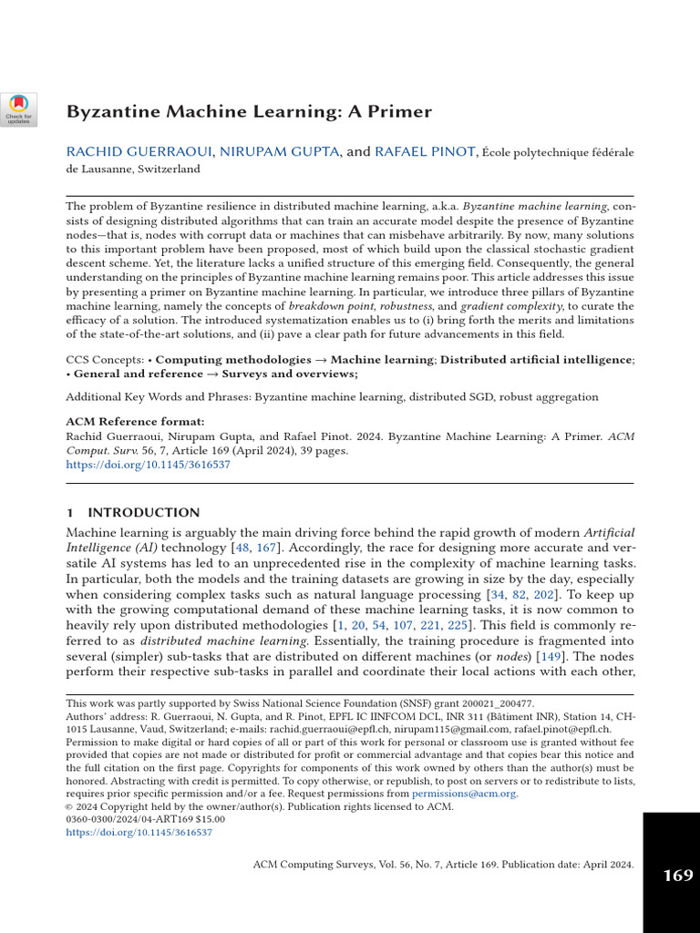 Byzantine Machine Learning: A Primer: Rachid Guerraoui Nirupam Gupta ...
