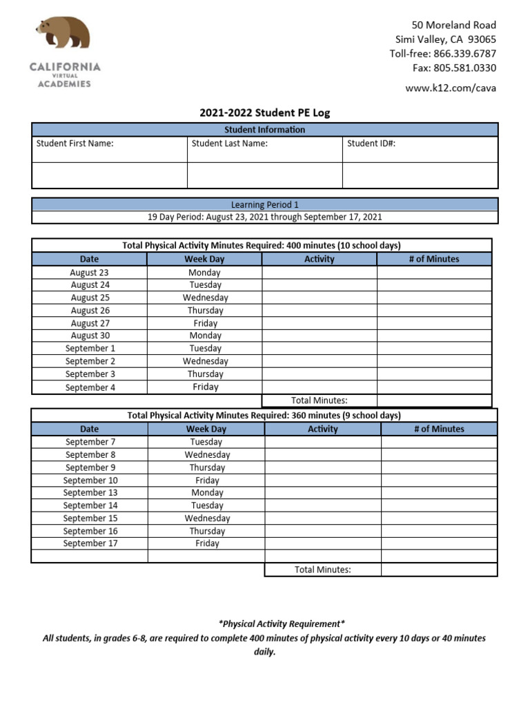 PE Activity Log for 2021-2022 | PDF
