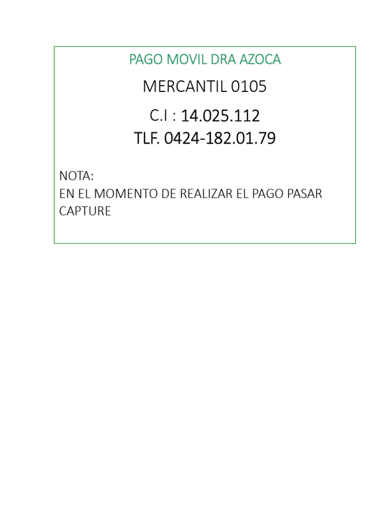 Pago Móvil Dra. Azoca - Mercantil 0105 | PDF