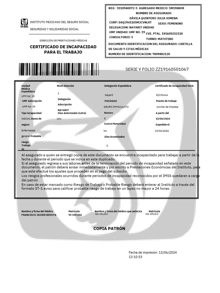Certificado de Incapacidad IMSS | PDF | Cuidado de la salud