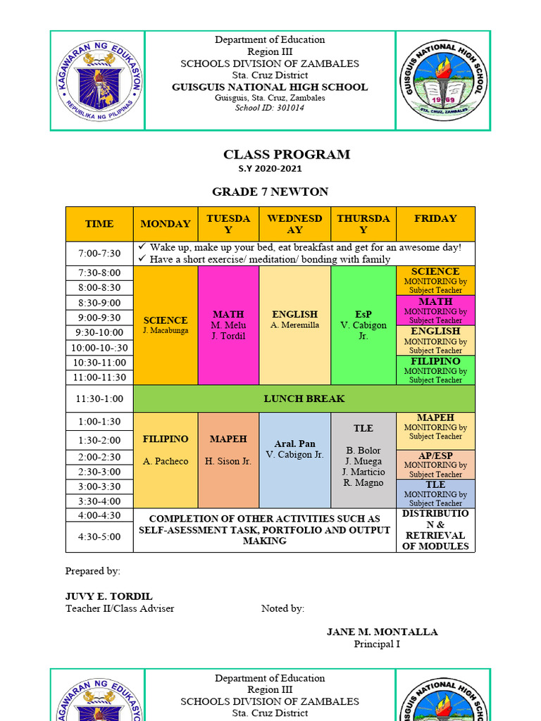 Grade 7 Class Program 2020-2021 | PDF | Educational Personnel | Teaching