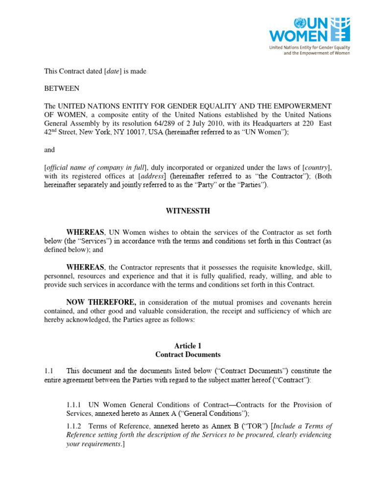UN Women Contractor Agreement Template | PDF | Indemnity | Legal Liability