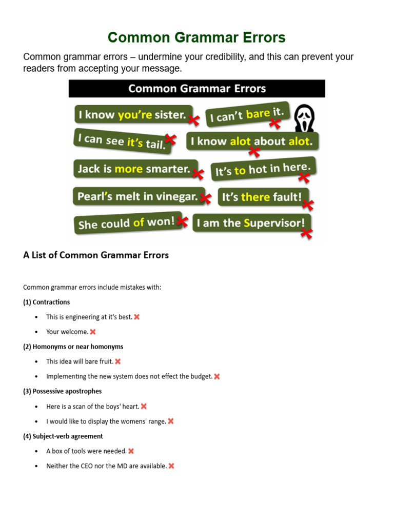 Common Grammar Errors | PDF | Pronoun | Syntax