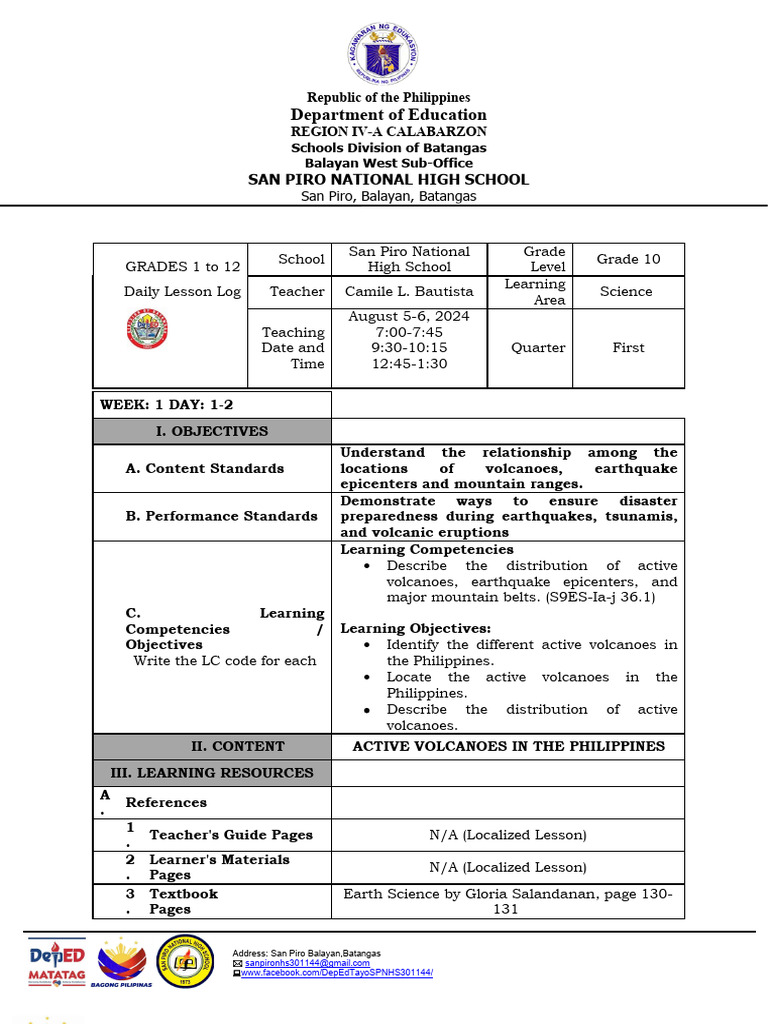 Grade 10 Science Daily Lesson Log | PDF | Seismology | Volcano