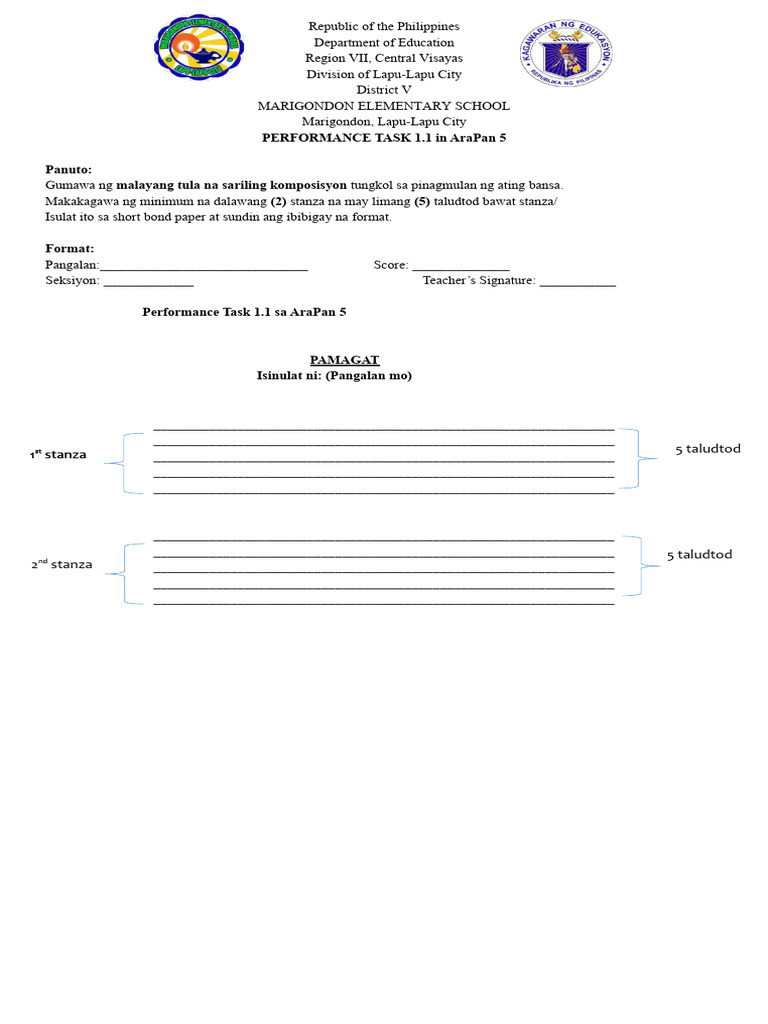Performance Task 1.1 Rubrics in AraPan 5 | PDF
