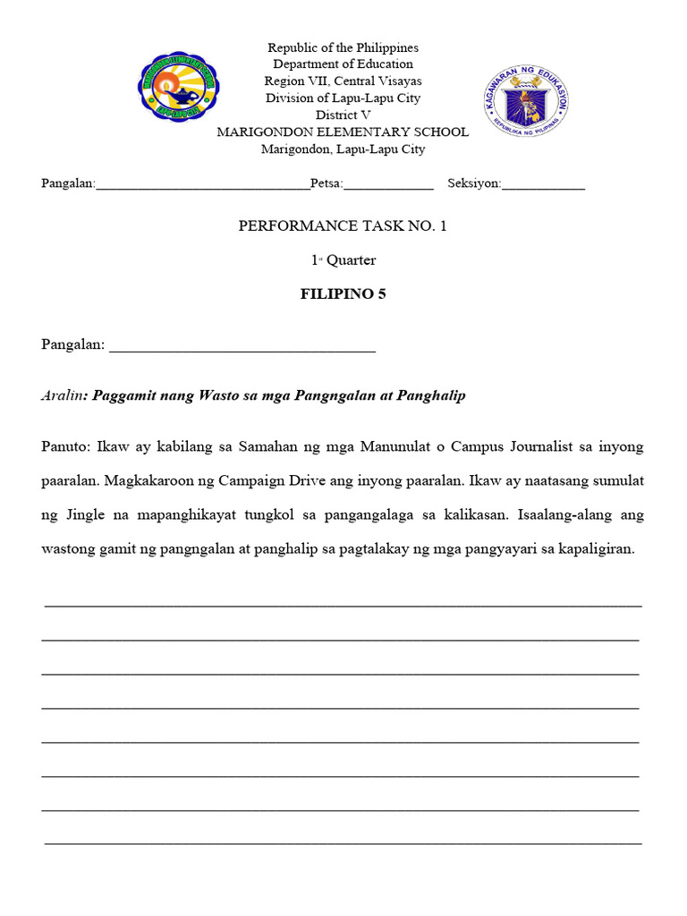 Performance Task In Filipino 5 No 1 1 Pdf