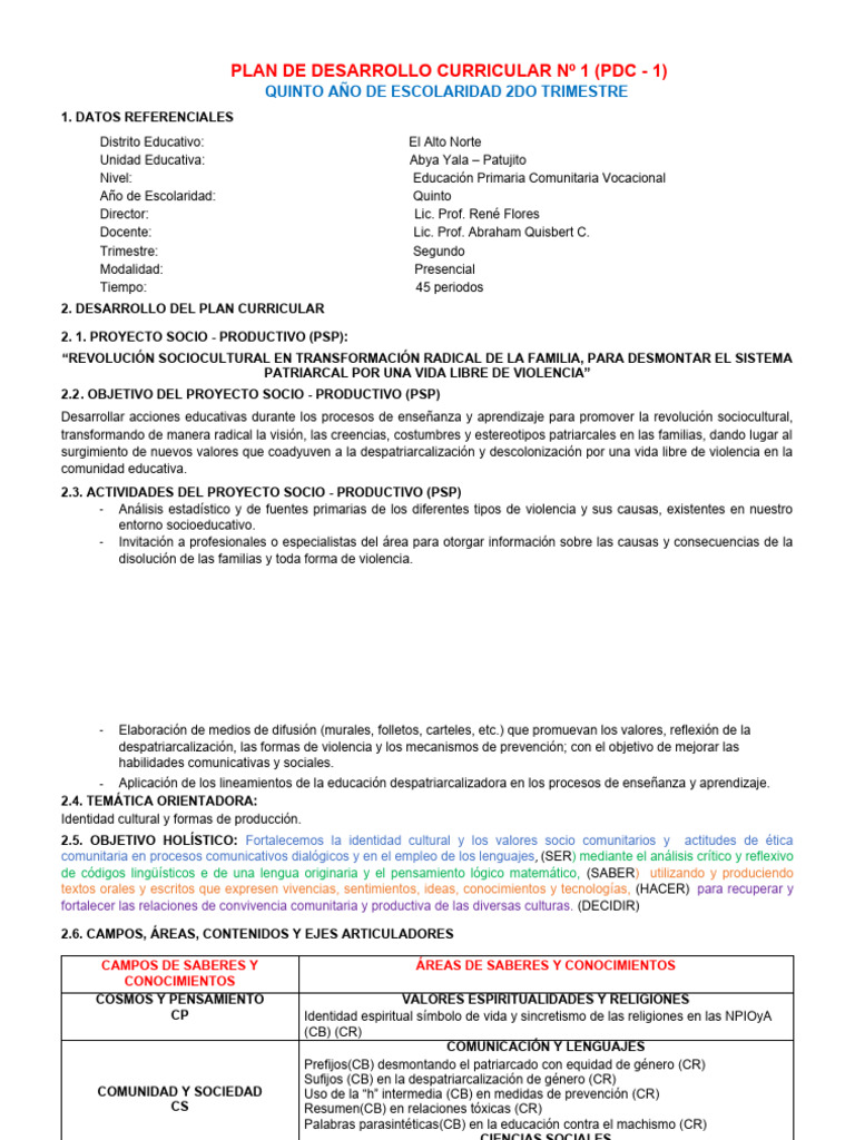 Plan de Desarrollo Curricular #3 | PDF | Bolivia | Violencia
