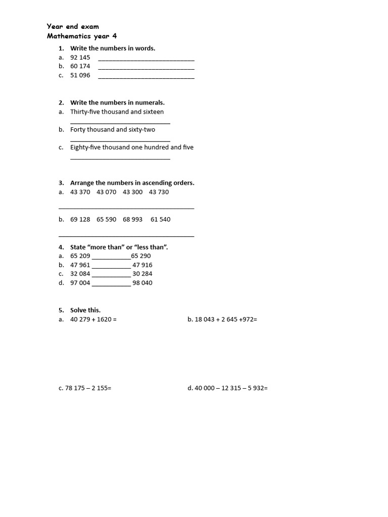 Year 4 Mathematics Exam Questions | PDF | Mathematics | Arithmetic