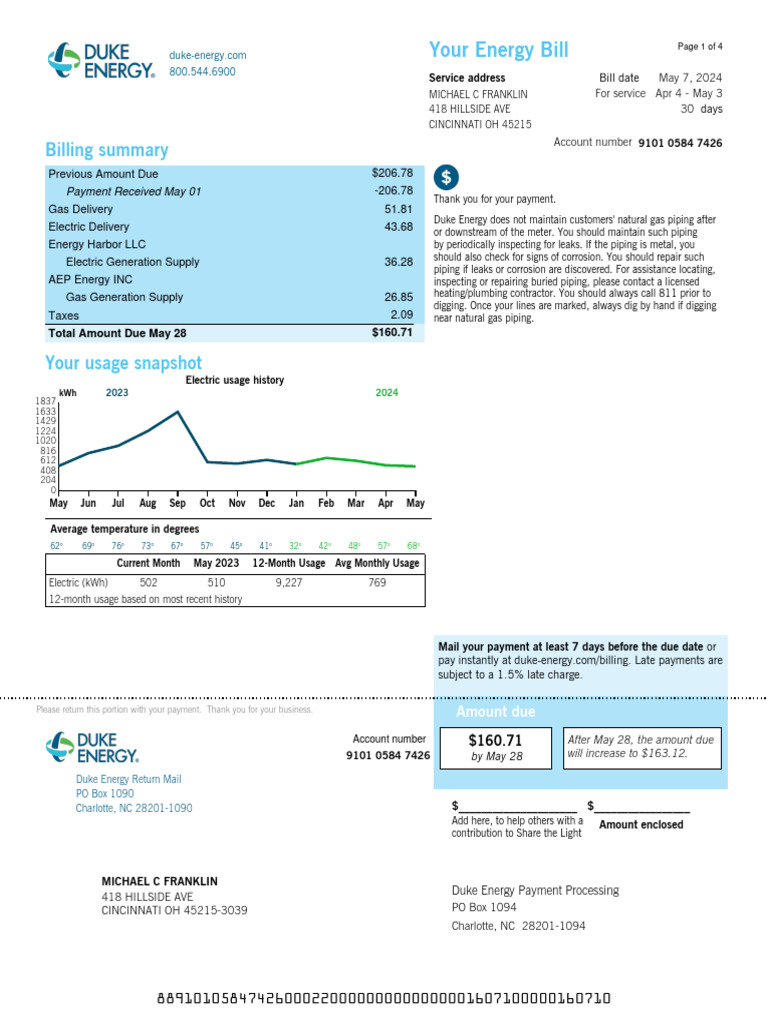 Duke Energy Bill Summary for May 2024 | PDF | Natural Gas | Public Utility