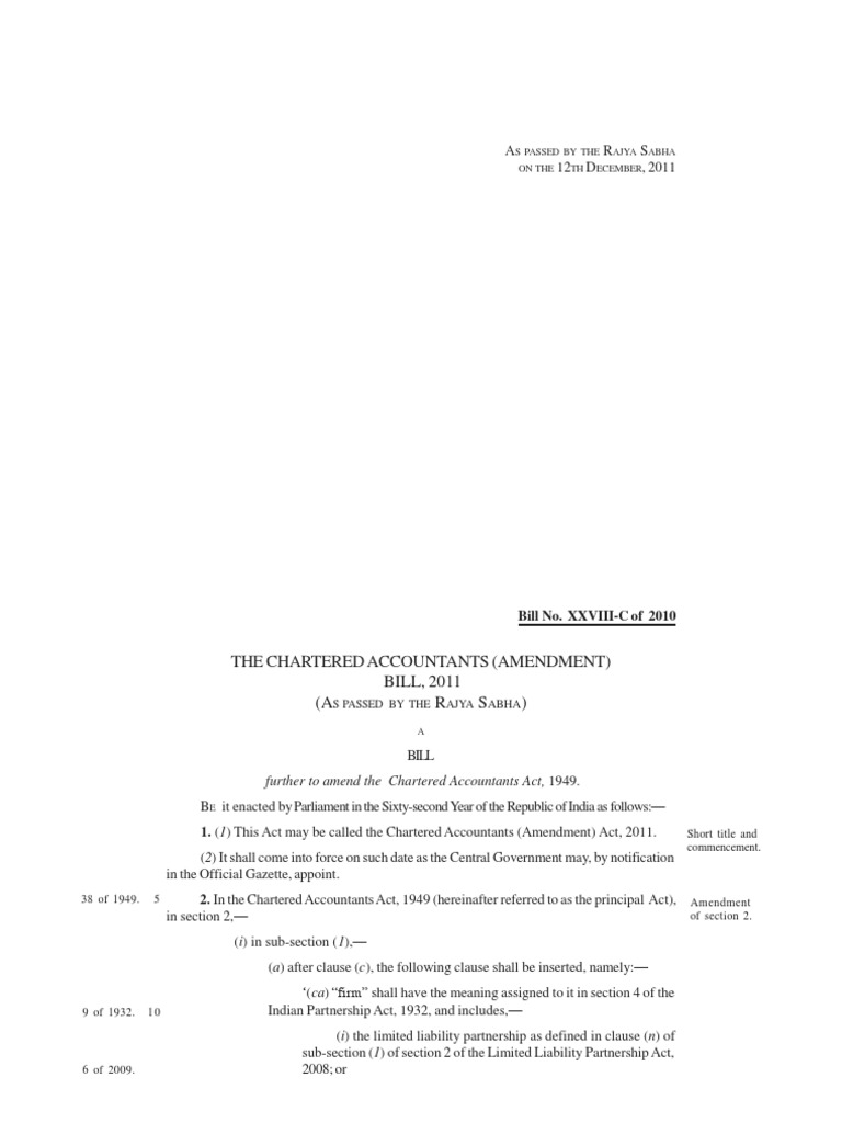 The Chartered Accountants (Amendment) BILL, 2011 (A R S) S Passed by