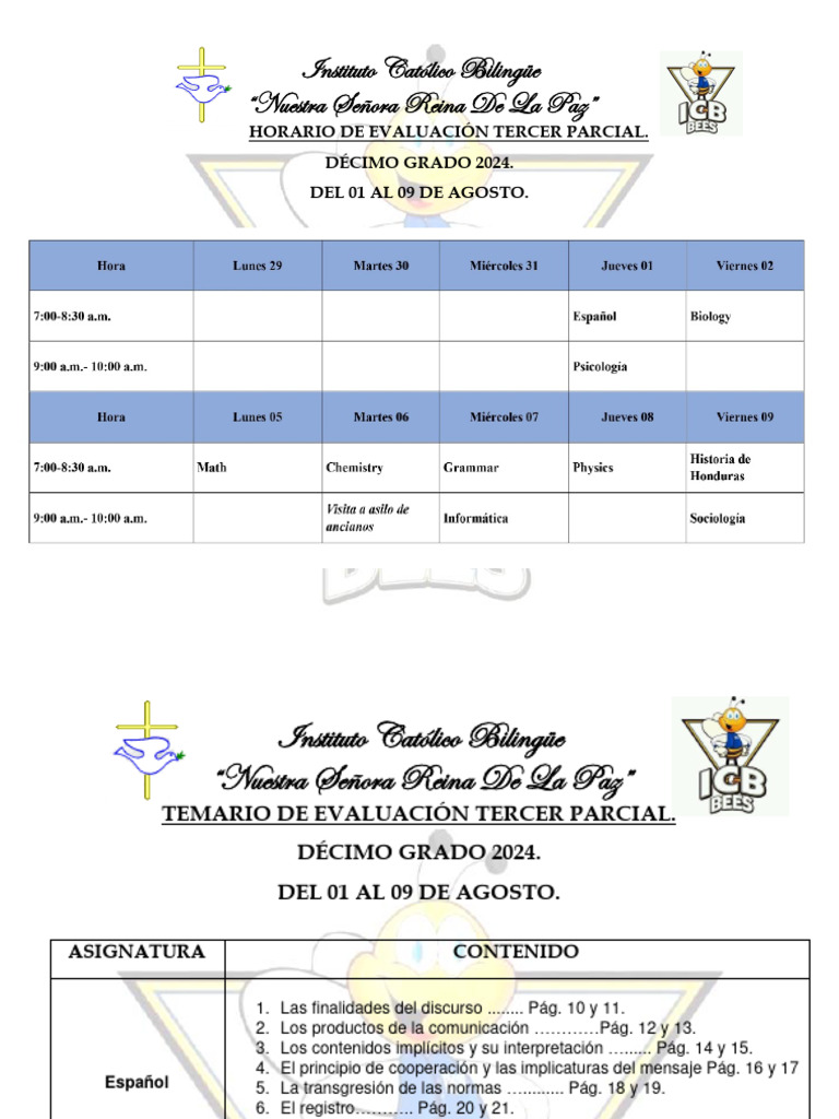 Horario y Temario Tercer Parcial 10mo Grado 2024. | PDF | Estudios de ...