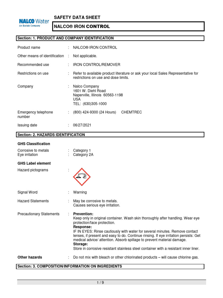 Iron Control SDS | PDF | Toxicity | Personal Protective Equipment