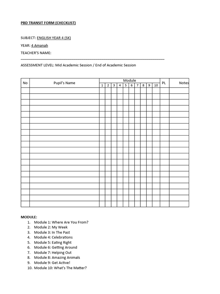 PBD TRANSIT FORM - ENG YEAR 4 (Checklist) | PDF | Learning | Cognition