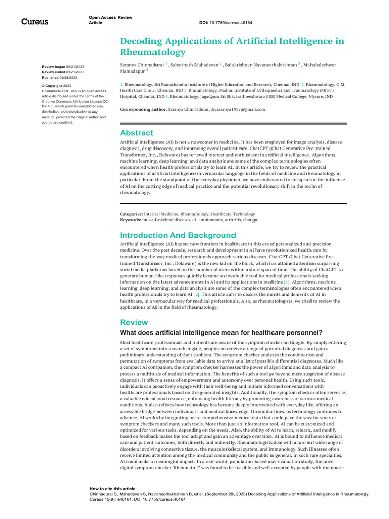 Decoding Applications of Artificial Intelligence in Rheumatology | PDF ...
