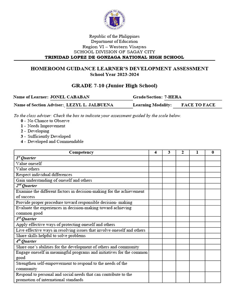 Homeroom Guidance Learners Development Assessment Pdf Learning