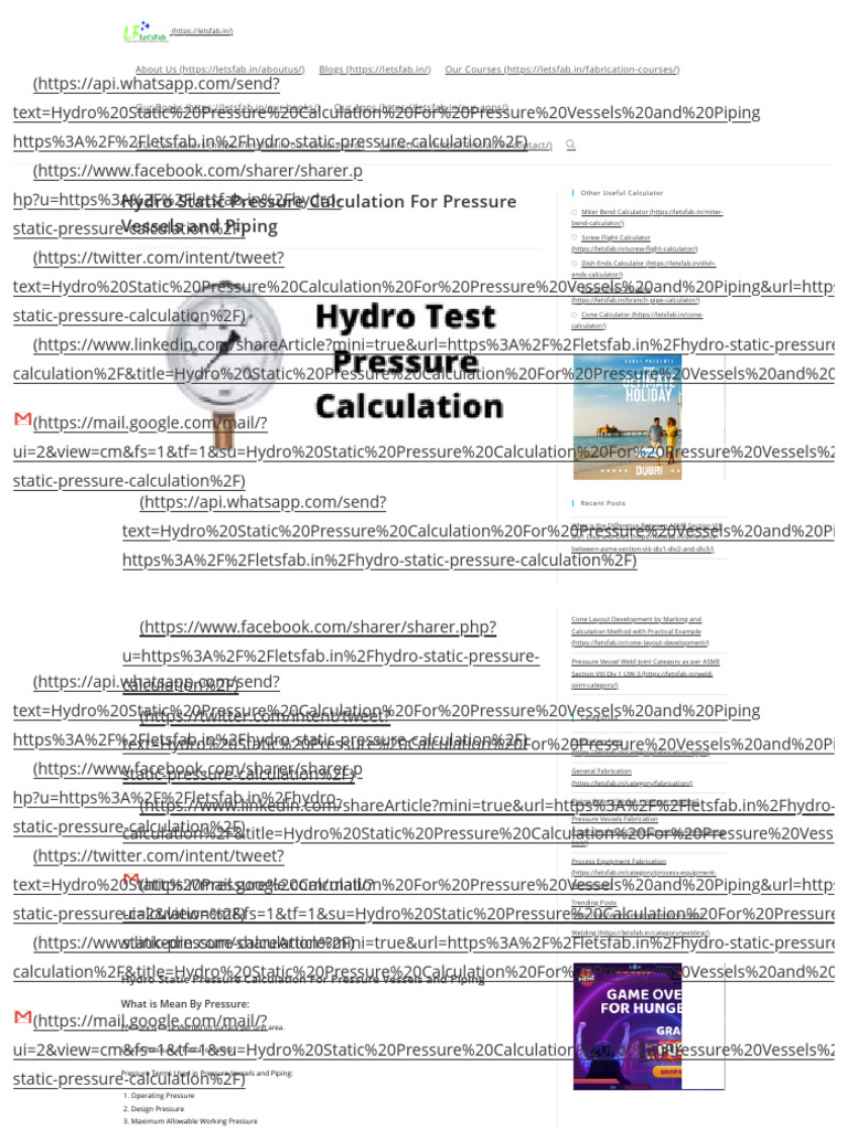 Hydro Static Pressure Calculation For Pressure Vessels and Piping | PDF ...
