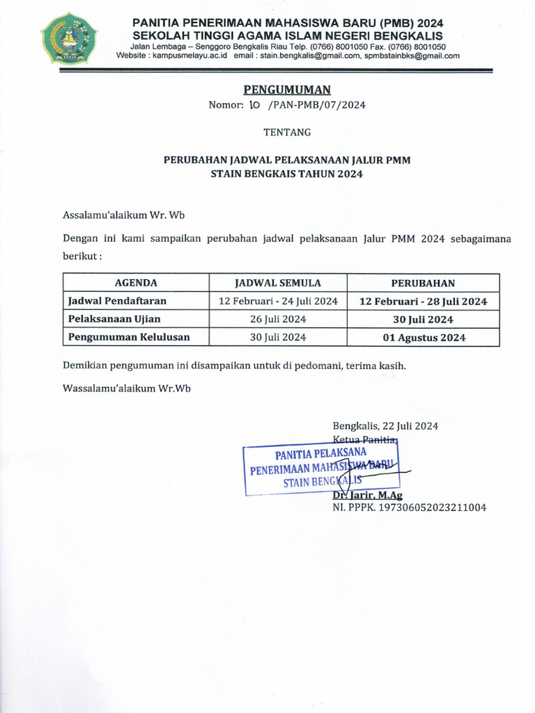 Perubahan Jadwal Pelaksanaan Jalur PMM 2024 | PDF