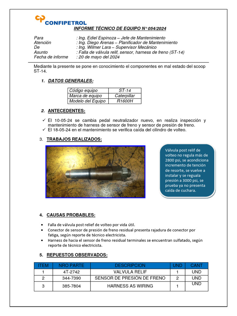 Informe de Falla Valvula Relif, Sensor y Harness de Sensor (ST-14) | PDF