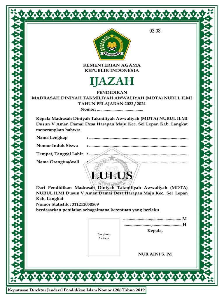 Ijazah MDTA Nurul Ilmi 2023/2024 | PDF