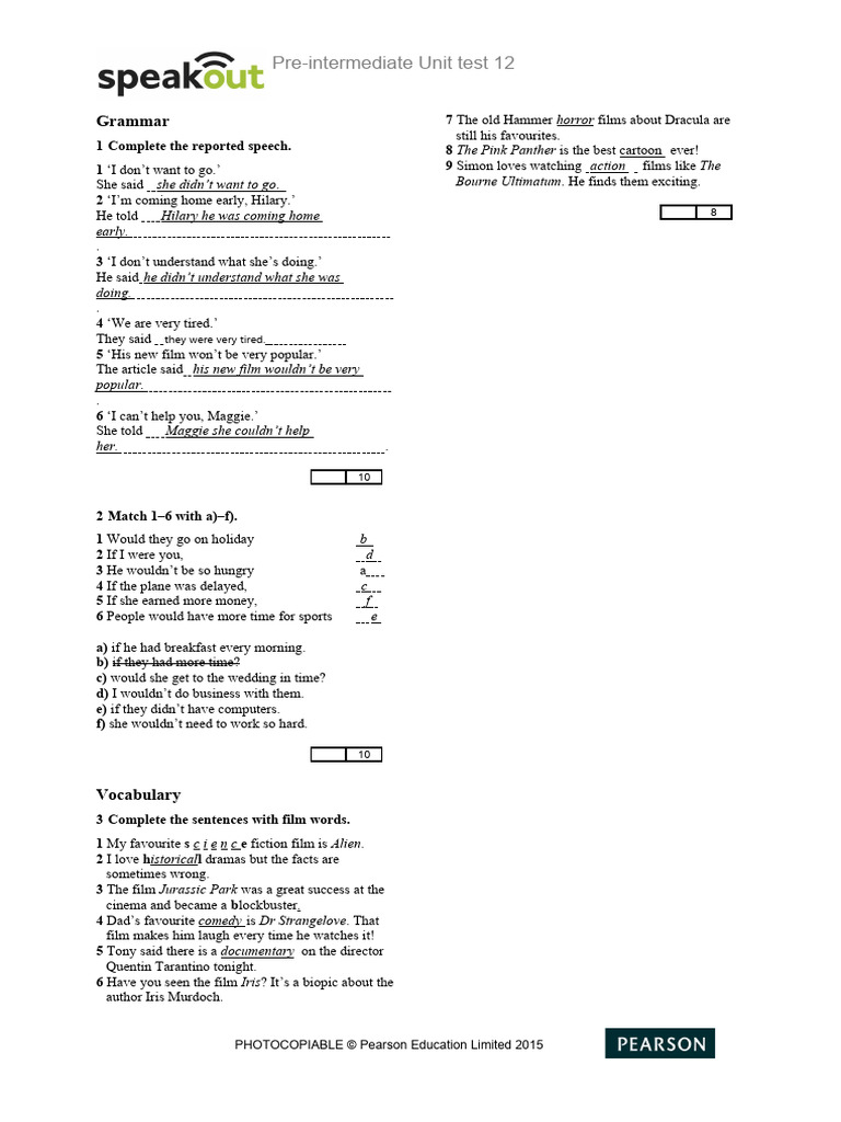 Pre-Intermediate Unit Test 12 Answers | PDF