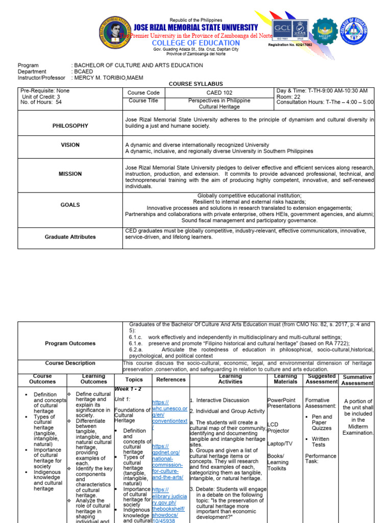 BCAED Course Syllabus: Cultural Heritage | PDF | Cultural Heritage ...