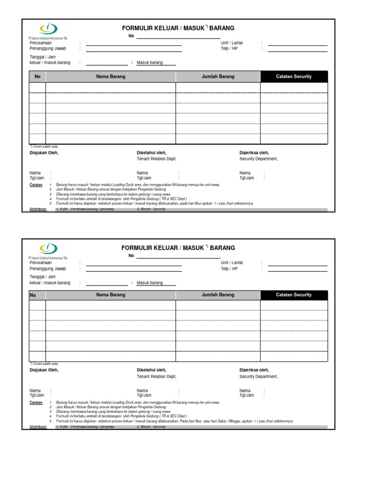 Formulir Izin Masuk/Keluar Barang | PDF