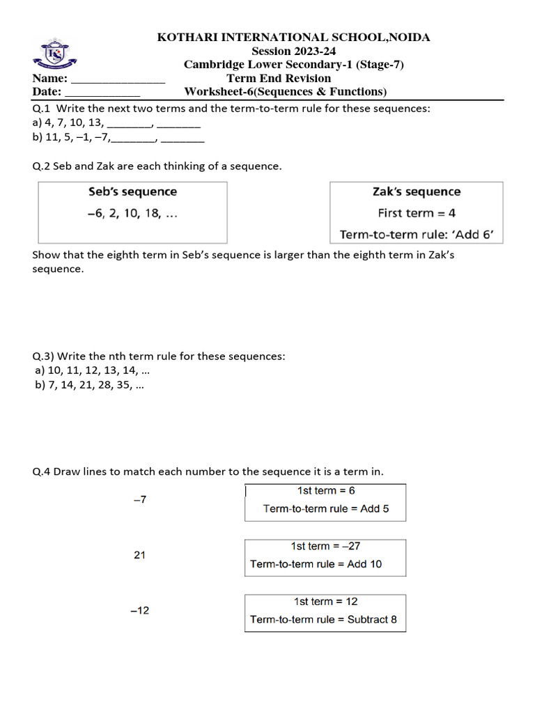 Sequences & Functions Revision Worksheet | PDF
