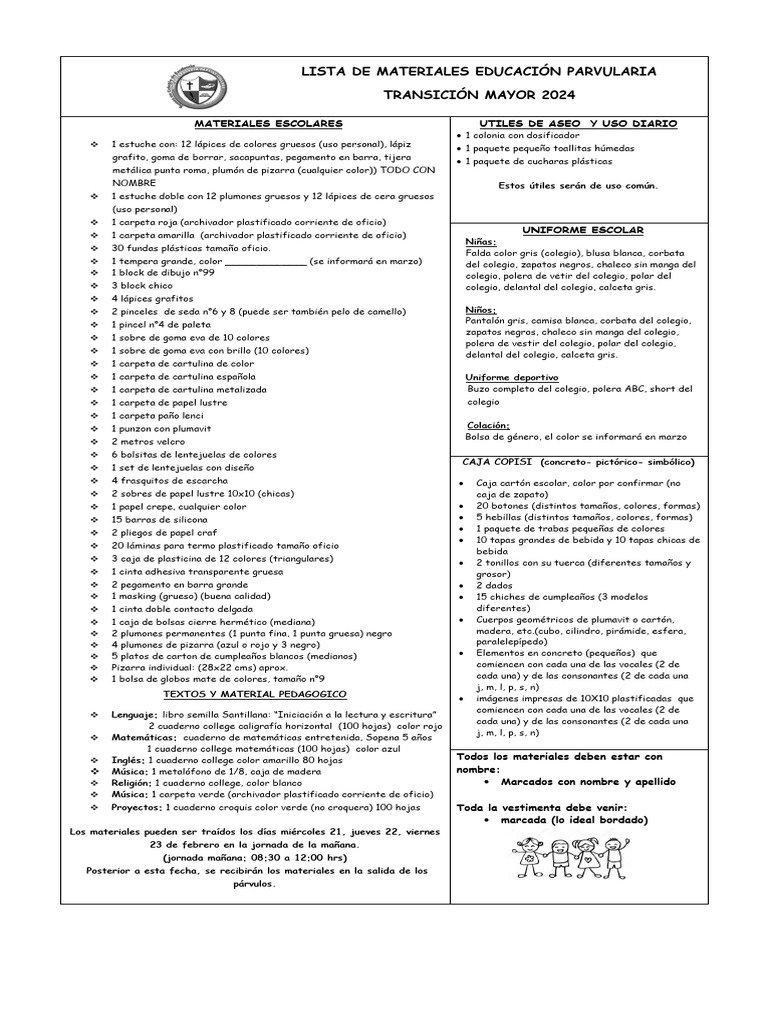 Lista de Materiales Kinder 2024 | PDF | Lápiz | Materiales de ...