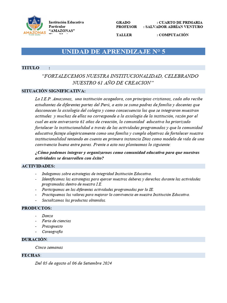 Unidad5 - 4to Primaria Experiencia de Aprendizaje | PDF | Evaluación ...