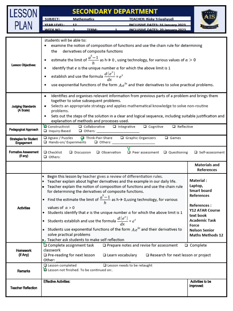 Lesson Plan T1 Week 2 Y12 16-20 Jan 2023 | PDF | Constructivism ...