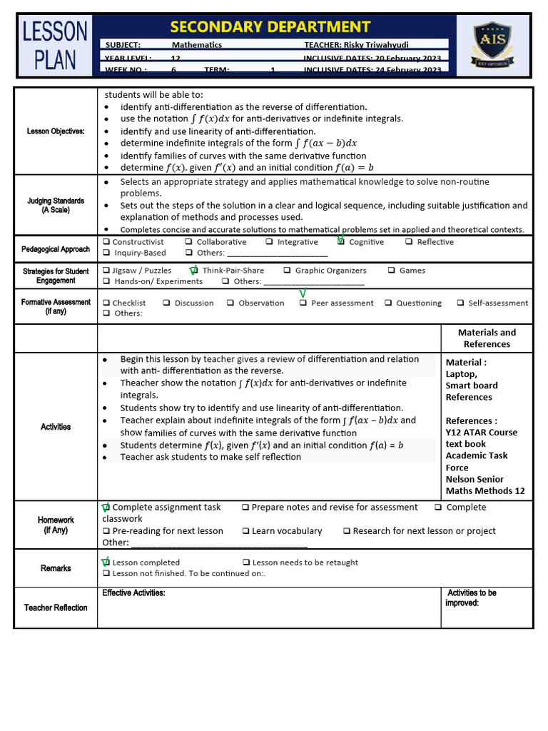Anti-Differentiation Lesson Plan | PDF | Mathematics | Inquiry Based ...