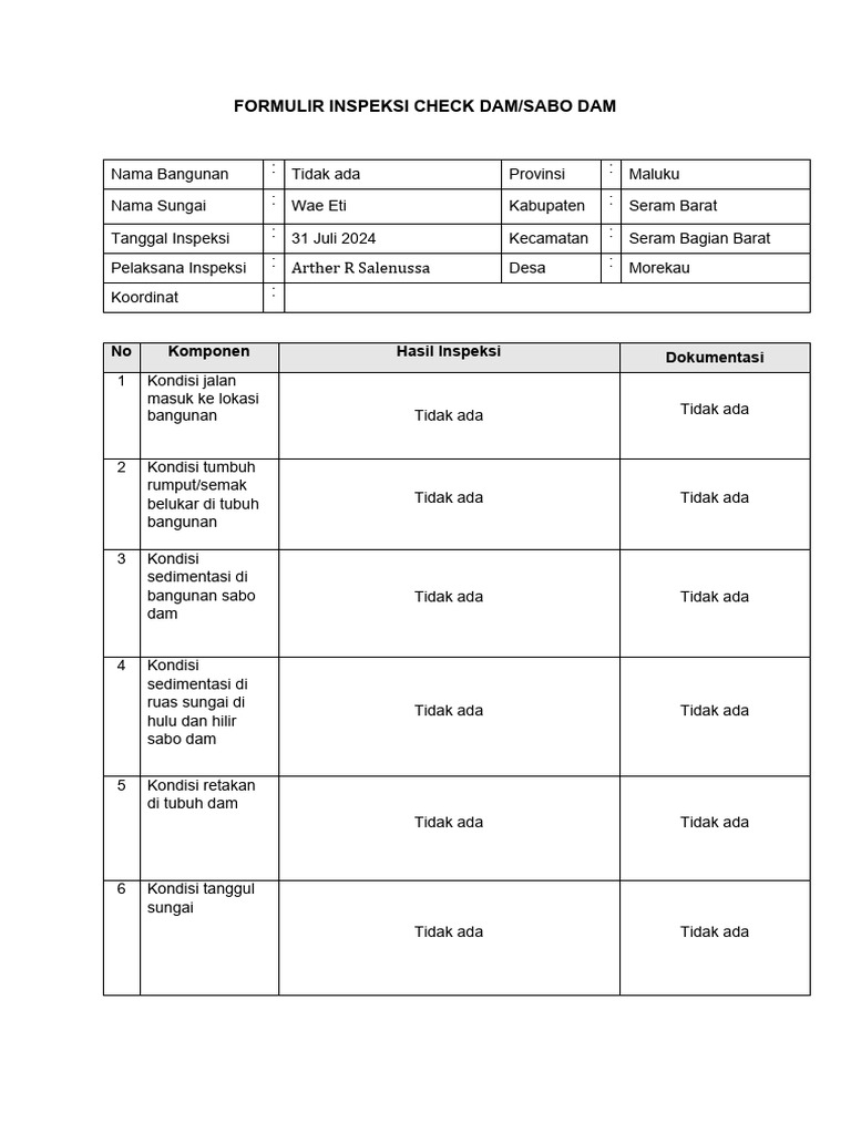 FORMULIR INSPEKSI CHECK DAM-SABO DAM Wae Eti Hulu | PDF