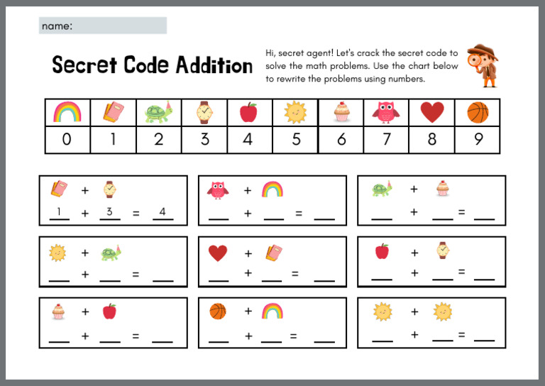 Grey Colorful Illustrative Secret Code Addition Math Worksheet | PDF
