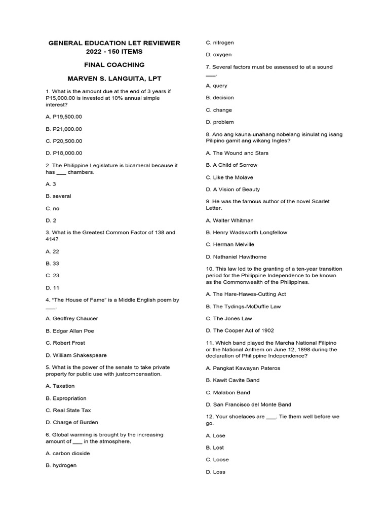 General Education LET Reviewer 2022 | PDF