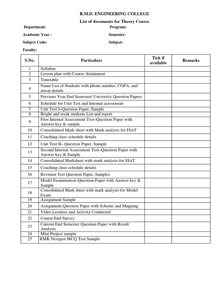 Theory Course Document Checklist | PDF
