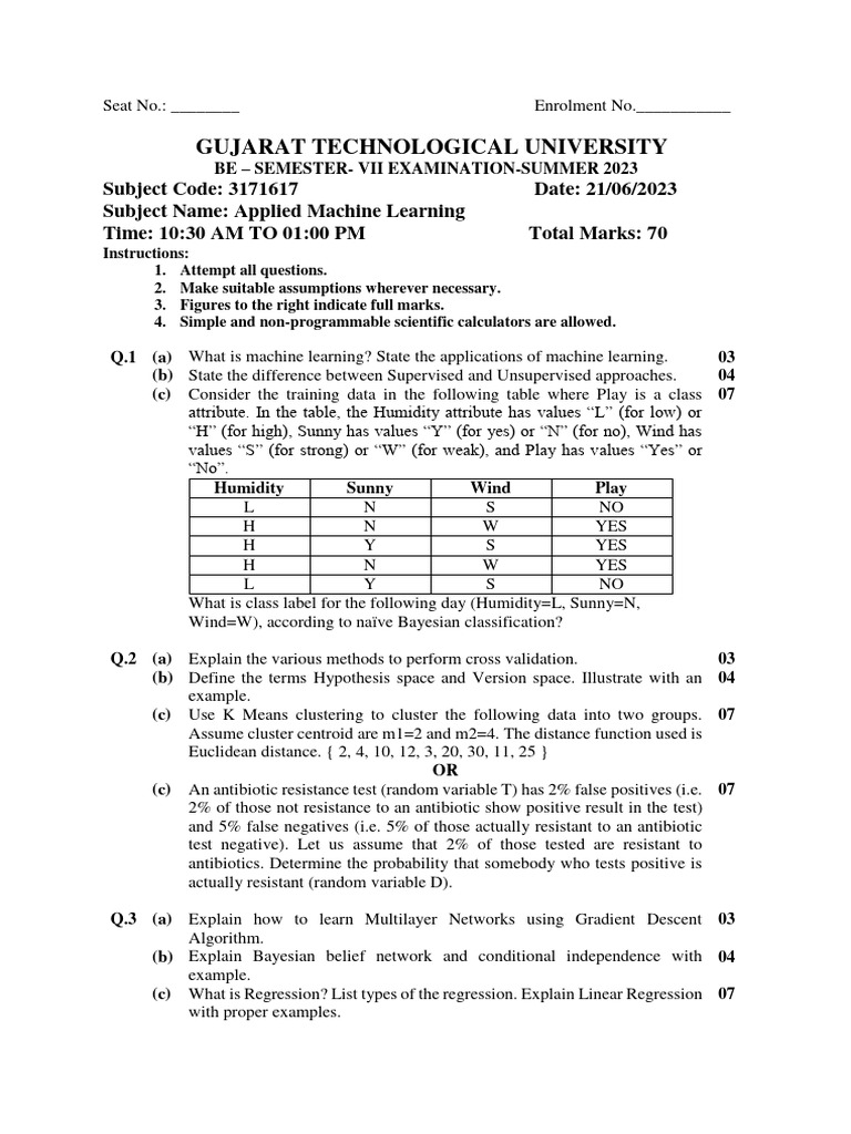 Applied Machine Learning Question Paper | PDF | Cluster Analysis ...