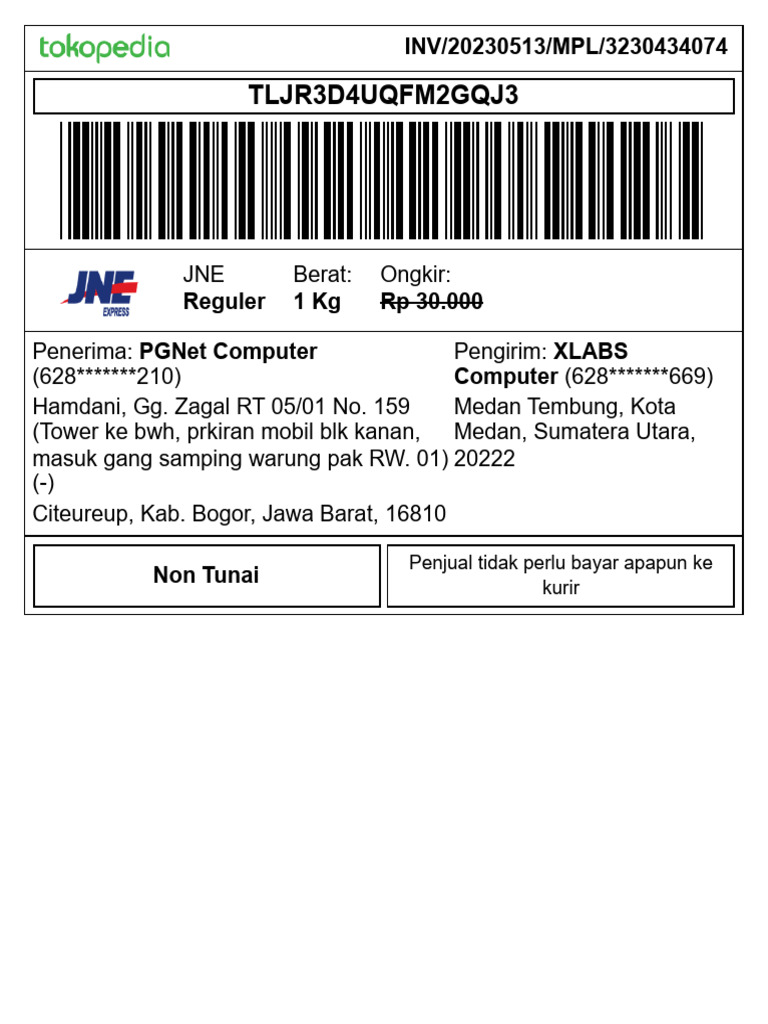 Ongkir JNE dari Bogor ke Medan | PDF