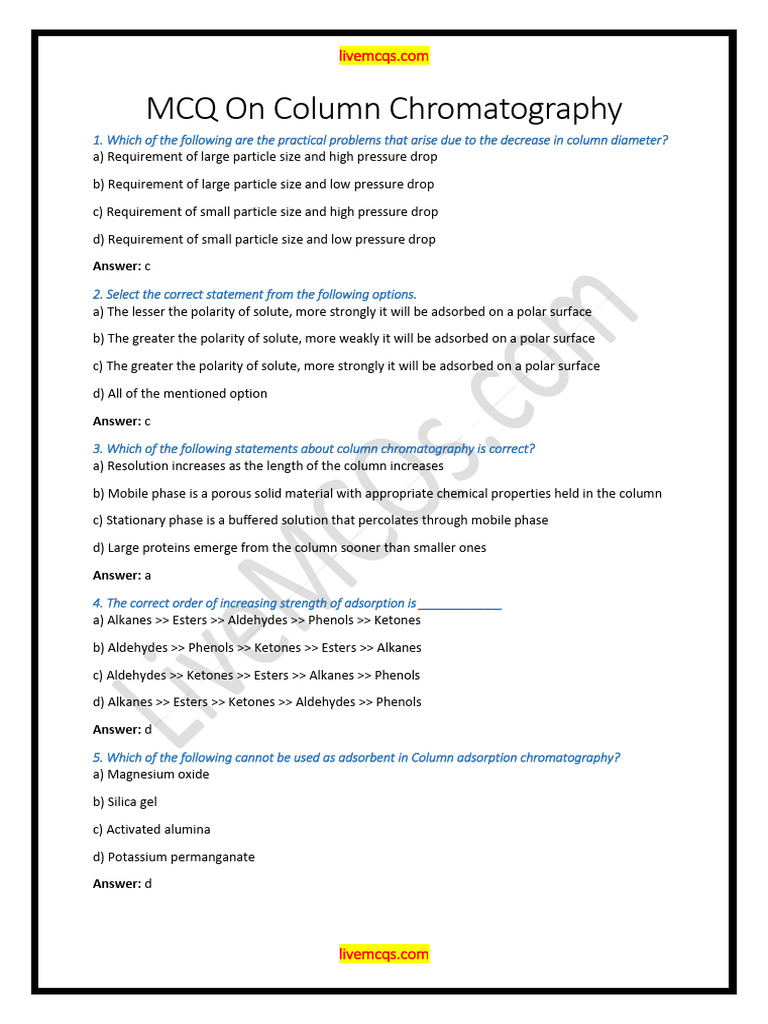 Column Chromatography MCQs and Answers | PDF | Chromatography | Elution