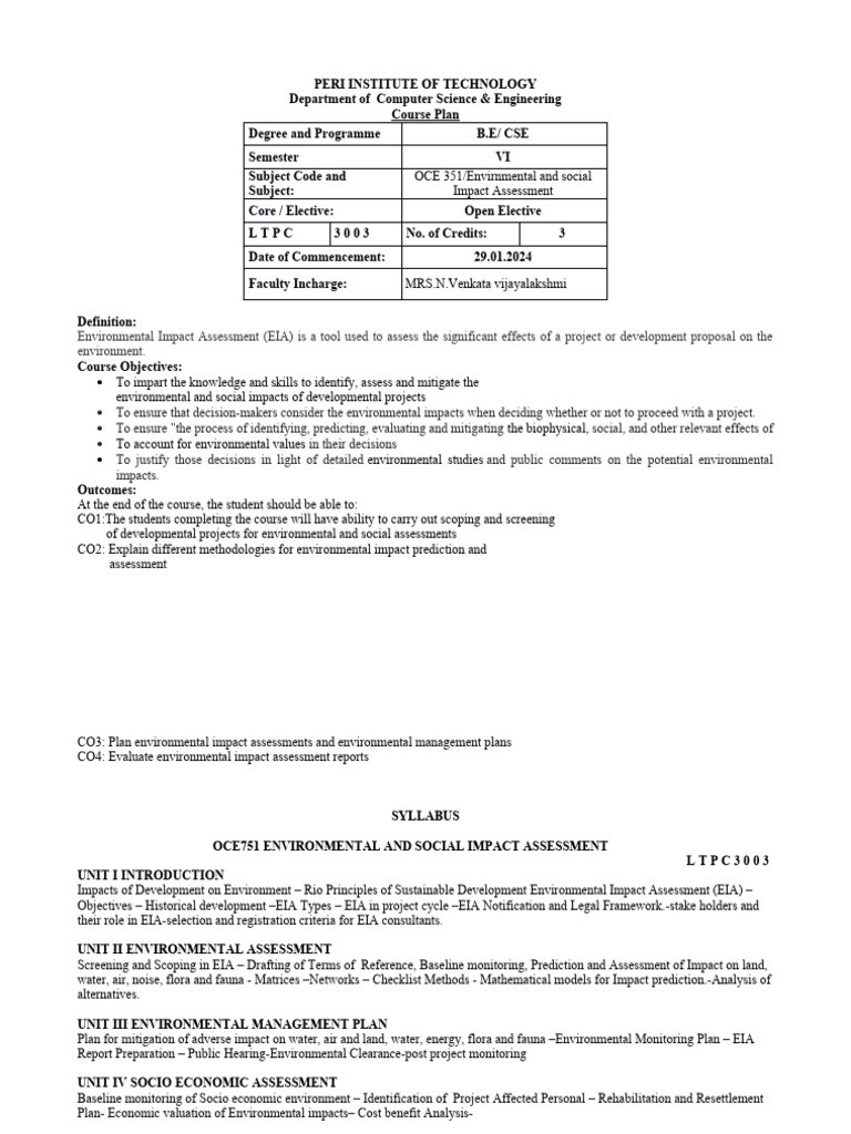 EIA Course Overview and Objectives | PDF | Environmental Impact ...