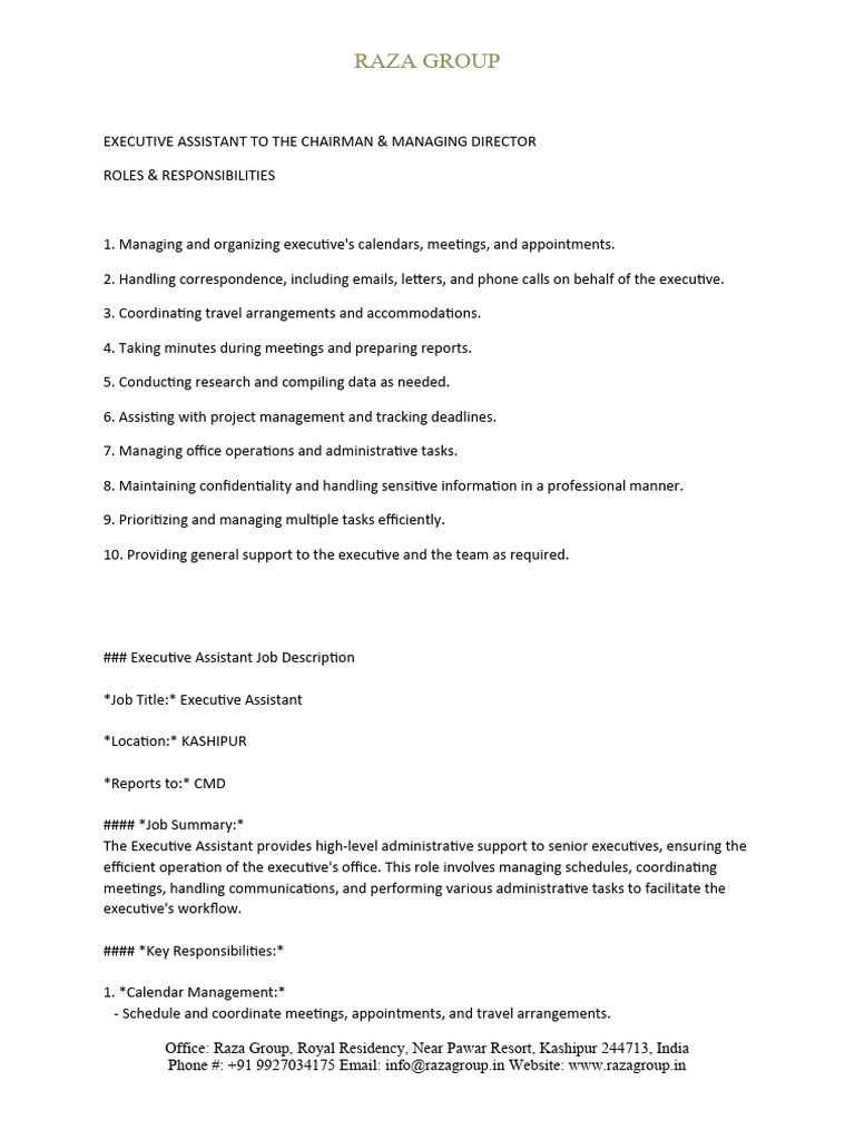 Executive Assistant Role at Raza Group | PDF | Business | Computing