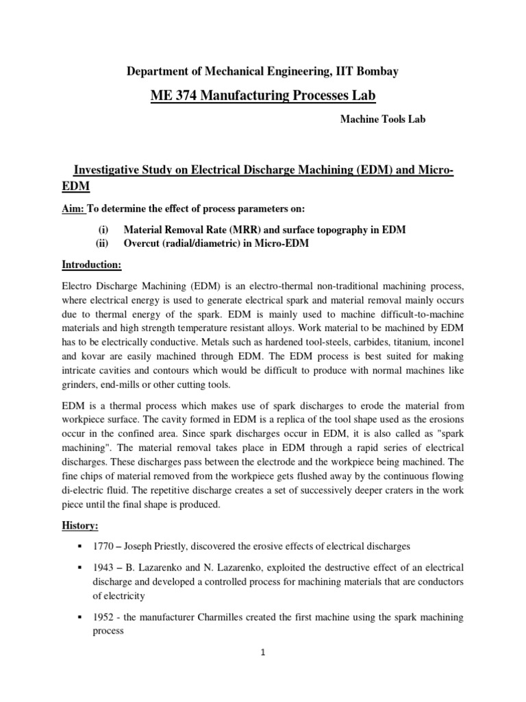 Experiment 5 Wire Electrical Discharge Machining Pdf Machining