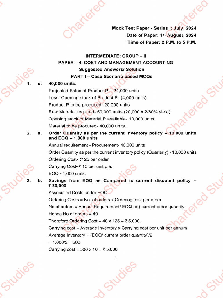 CA Intermediate Paper - 4 Cost and Management Accounting MTP Series | PDF