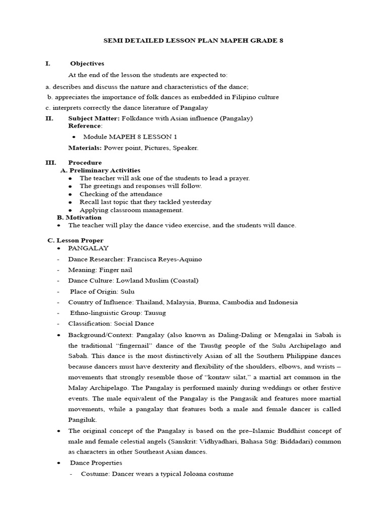 11th SEMI DETAILED LESSON PLAN GRADE 8 | PDF | Hand | Dances