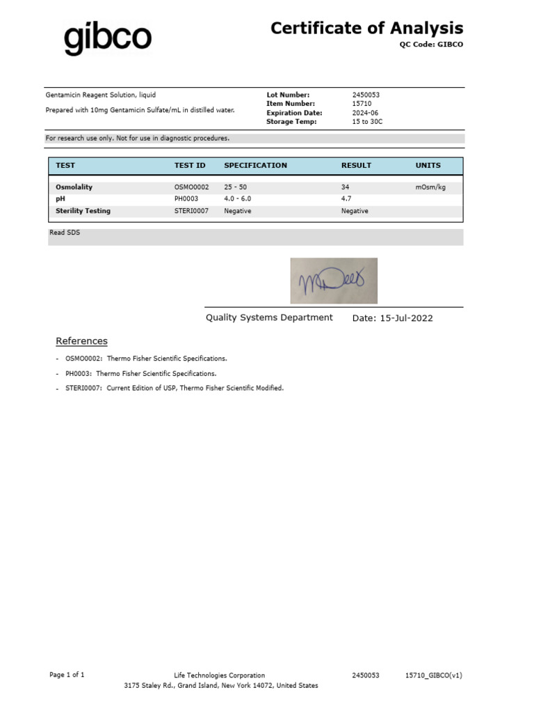 Certificate of Analysis Gentamicin Gibco PDF Certificate of Analysis Gentamicin Gibco PDF