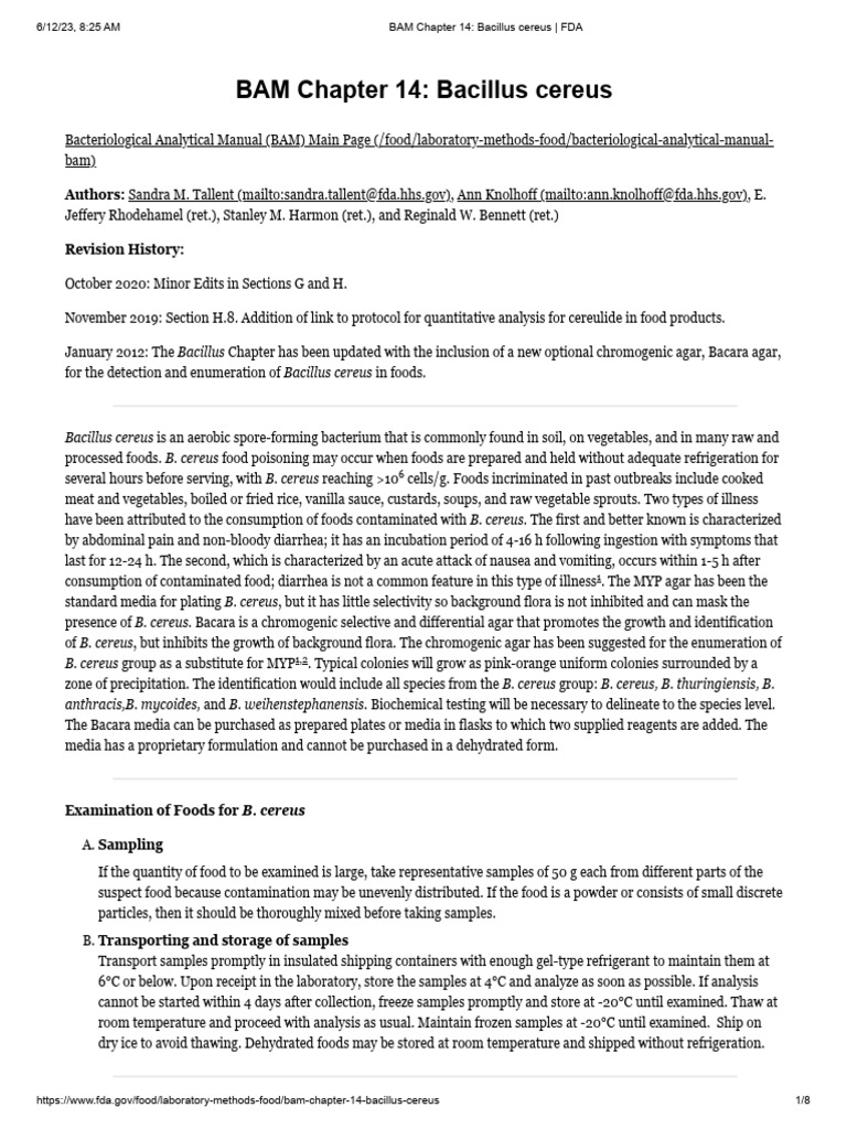 BAM Chapter 14 - Bacillus Cereus - FDA | PDF | Bacillus | Biology